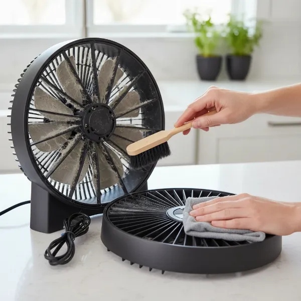 A person cleaning the dusty Vornado 660 air circulator to maintain optimal performance.