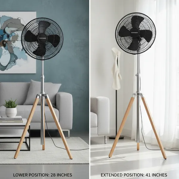 Vornado 783 circulator demonstrating its adjustable height feature in a modern home setting.
