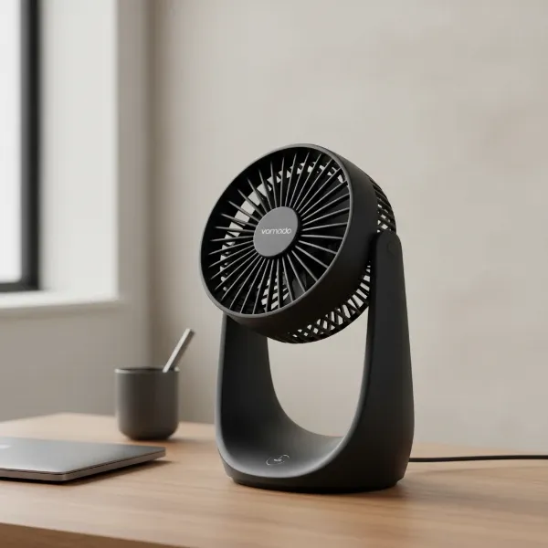 A Vornado Pivot personal air circulator on a modern desk, showcasing its compact and sleek design.