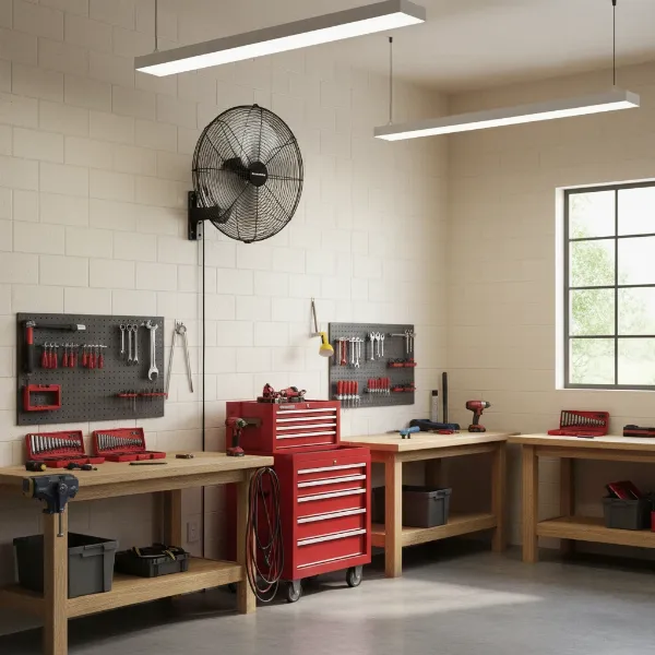 A powerful Hurricane Supreme wall mount fan installed in a workshop, saving floor space.