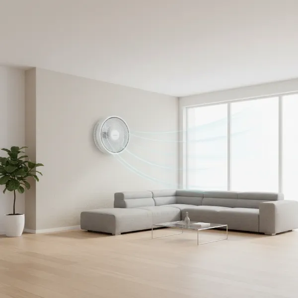 Modern wall mounted oscillating fan effectively cooling a living room, highlighting space saving and even air distribution.