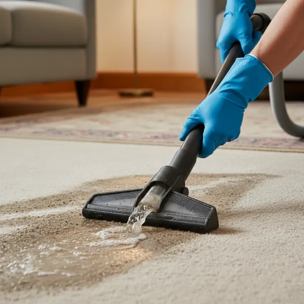 Person using a wet-dry vacuum to extract water from a damp carpet.
