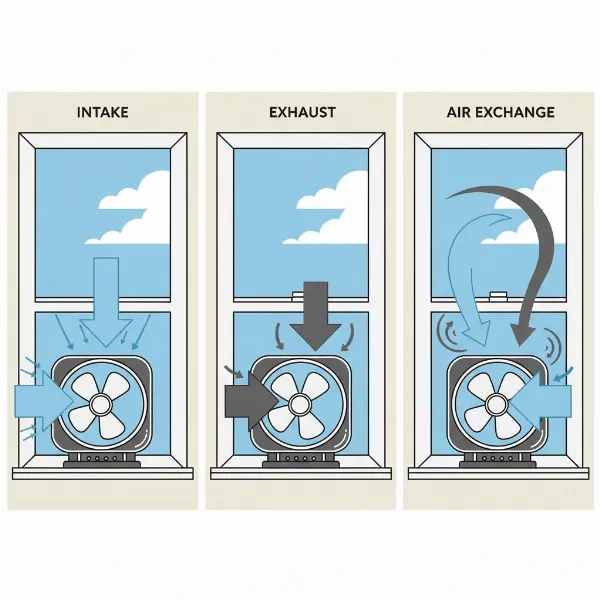 Illustration of a modern dual-blade window fan showing intake, exhaust, and air exchange modes with arrows